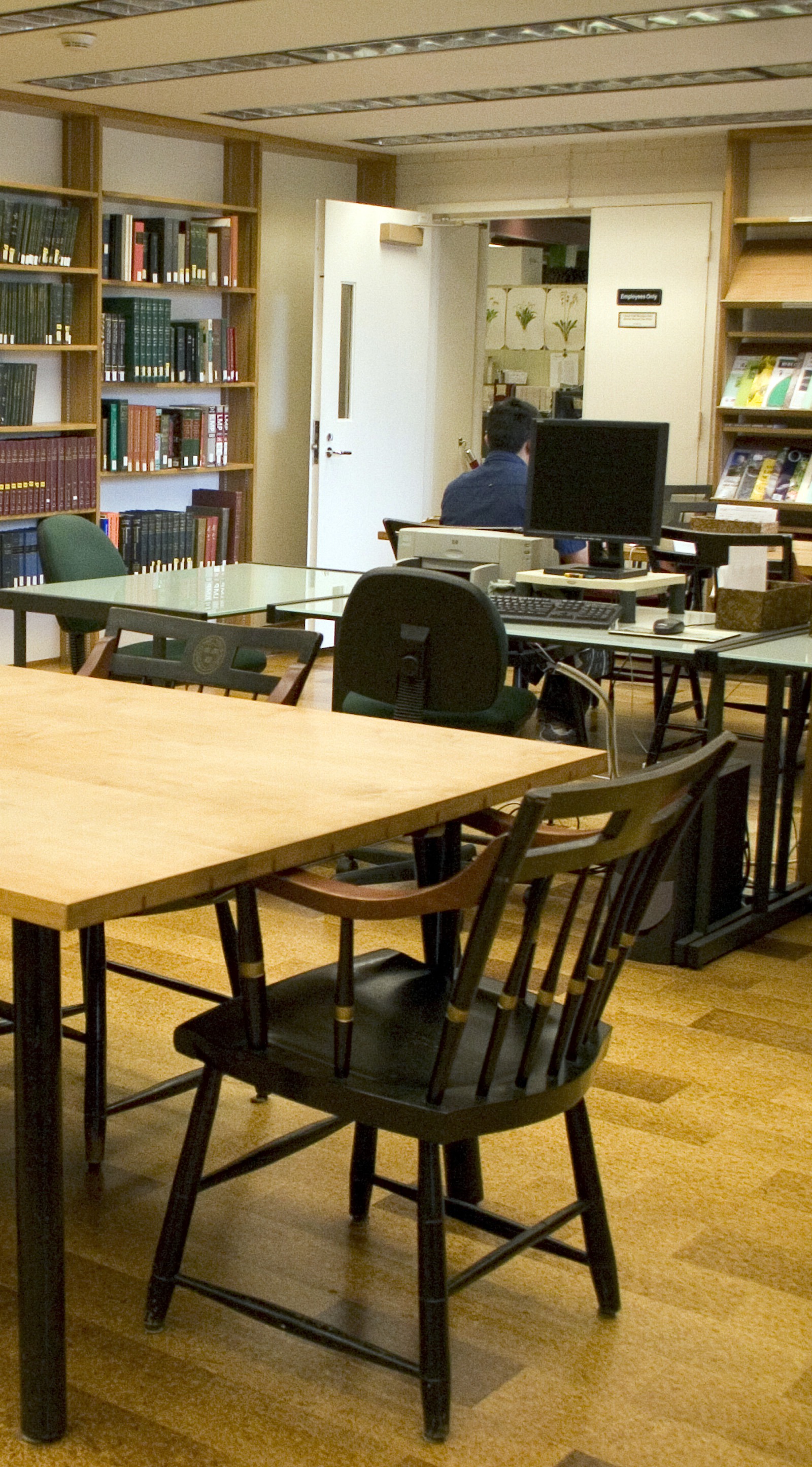 Interior view of the library reading room with bookshelves, tables, chairs, desktop computers, and a person seated at a computer near the back wall