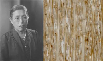 portrait Kono Yasui next to specimen 53313 Sequoia hondoensis