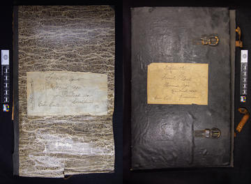 The covers of the books holding most of the dysodil specimens. Both say “Fossil Plants, Miocene Age, Randeck near Kirchheim, Eser Coll.” The book on the right includes determinations from Oswald Heer. The book on the left is undetermined.